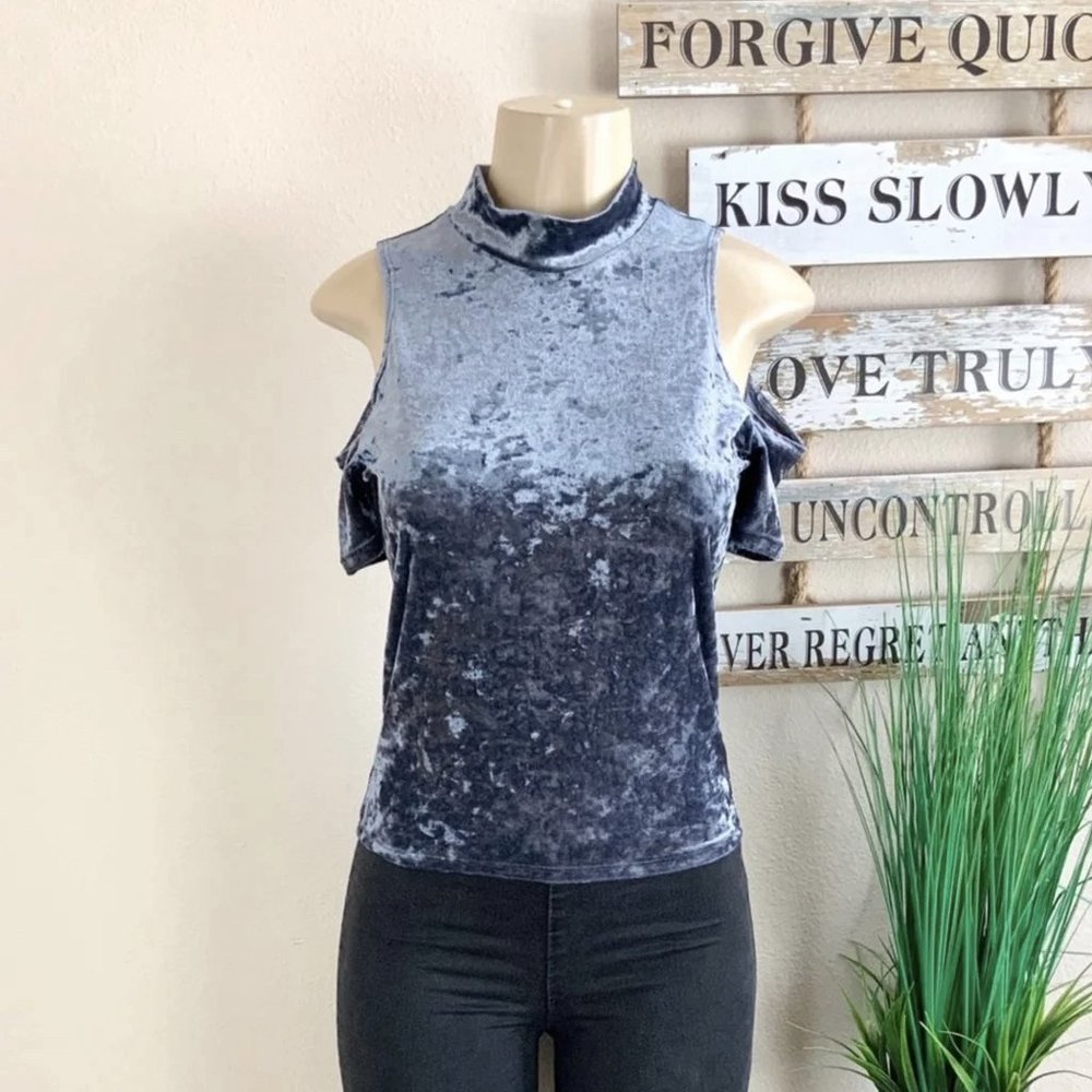 XS GAZE Cold Shoulder Velour Top Medium Blue